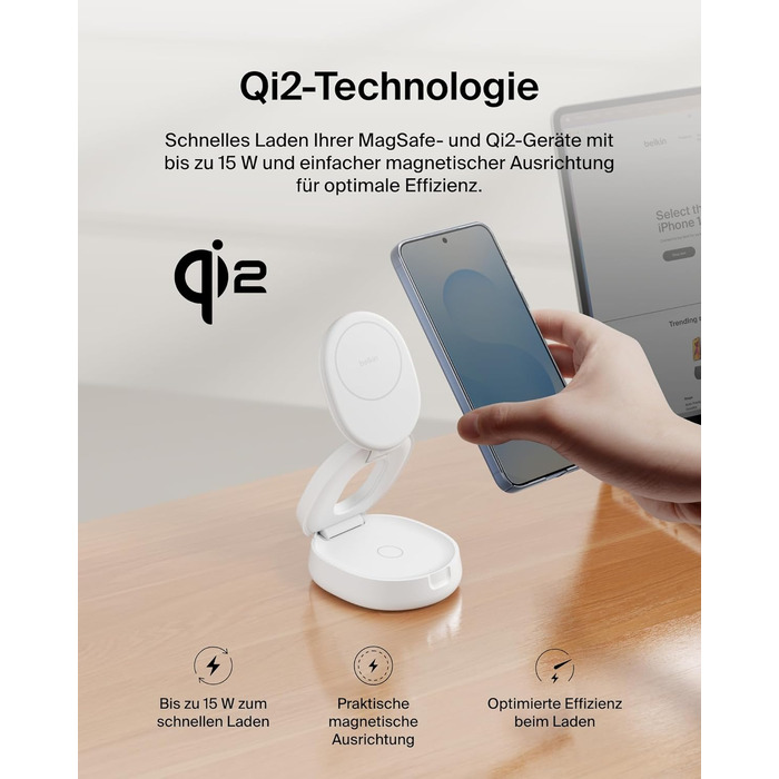 Бездротова зарядна станція 2-в-1 Belkin BoostCharge Qi2 15W MagSafe для iPhone 17, AirPods, Pixel, біла (з адаптером 30 Вт)