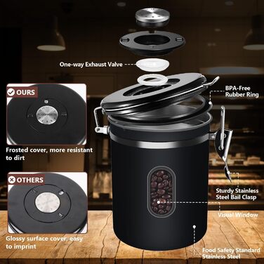 Контейнер для кави ROCKY&CHAO 1.8L з нержавіючої сталі, герметичний, з віконцем, для кавових зерен, чаю, горіхів, какао