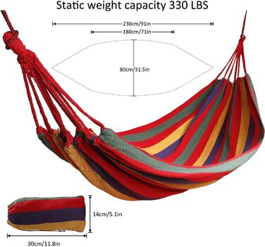 Гамак для відпочинку на відкритому повітрі з бавовни на 1 особу, 190 x 80 см, вантажопідйомність до 150 кг, з сумкою для перенесення. Підходить для саду, тераси, веранди, пляжу та заднього двору.