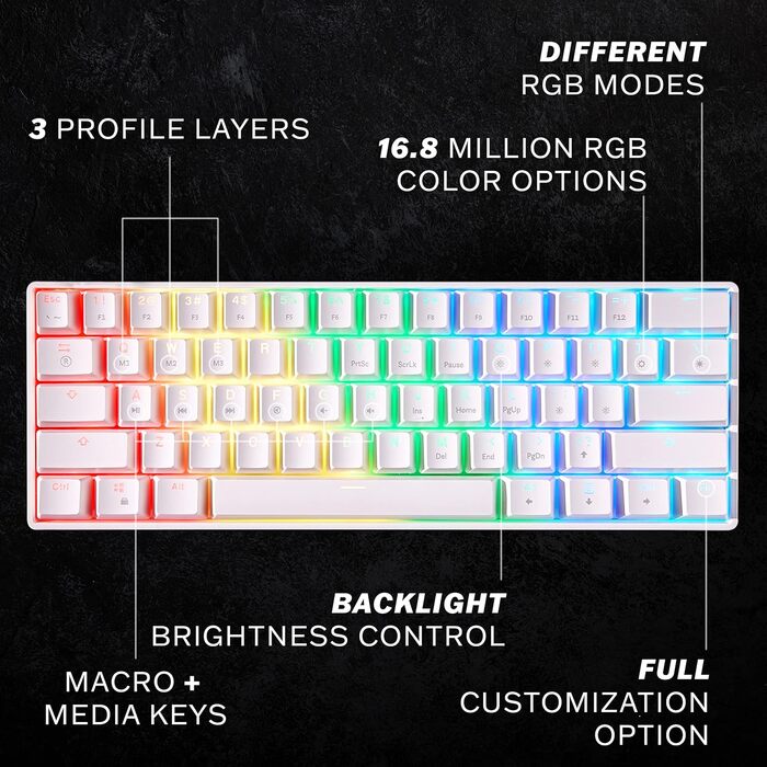 Механічна клавіатура HK Gaming GK61: 61 програмовані клавіші, RGB підсвітка, сумісна з Windows/Mac, QWERTY, Hotswap, перемикачі Gateron (чорний/білий)
