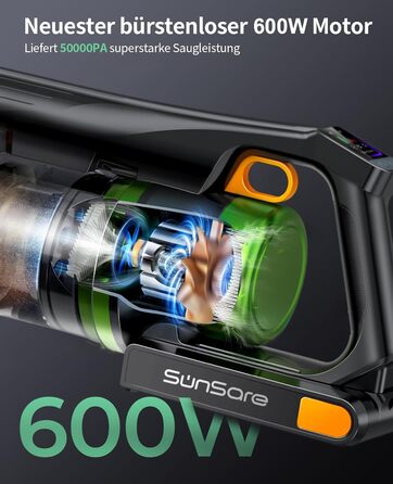 Акумуляторний бездротовий пилосос SunSare 600W з HD-дисплеєм, ароматерапією та захистом від намотування волосся. Ідеальний для тварин, килимів, твердих підлог та авто.