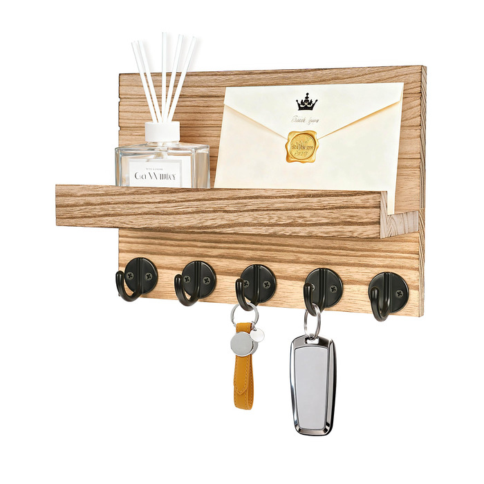 Дерев'яне ключниця з полицею на стіну, декоративне настінне кріплення для ключів, 5 гачків, для прихожої, спальні, вітальні (колір дерева)