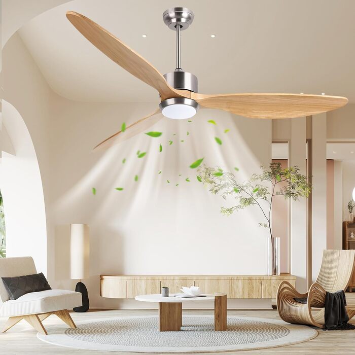 Стеляний вентилятор Ovlaim з освітленням та пультом керування, тихий DC мотор, 3 лопаті, Smart, для вітальні/спальні, натуральний & сріблястий (Burlywood/Silver, 165 см)