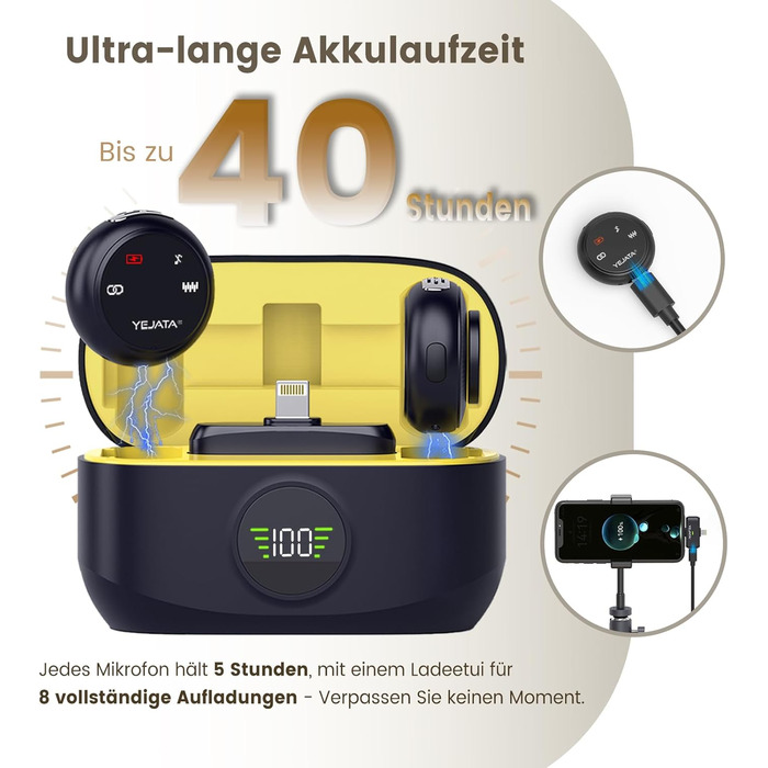 Мікрофон 2-в-1 для iPhone та Android з шумозаглушенням, кейс на 40 годин, магнітна застібка та кріплення для інтерв'ю, жовтий, 25 метрів