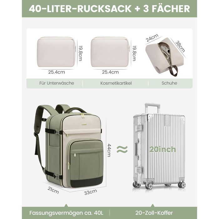 Рюкзак LOVEVOOK для подорожей: 40L, для ноутбука 17 дюймів, водонепроникний, для жінок, підходить для авіаперельотів, робочі поїздки, бізнес, вихідні. Колір: хакі (світло-зелено-бежево-оливковий)
