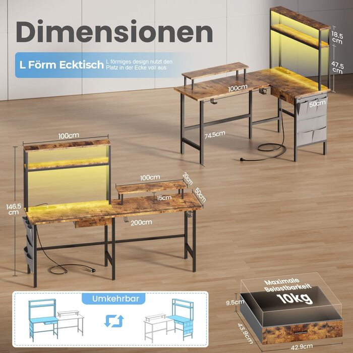 Ігровий стіл кутовий 150x100 см з 3 розетками та 2 USB, зворотний, з LED підсвіткою, з ящиками та підставкою для монітора. Колір: коричневий.