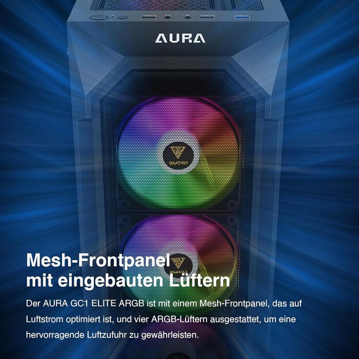 Корпус для ПК GAMDIAS Aura GC1 Elite ARGB Midi-Tower: сітка для високої циркуляції повітря, 4 x 120 ARGB вентилятори, скляна панель, підтримка синхронізації материнської плати, чорний