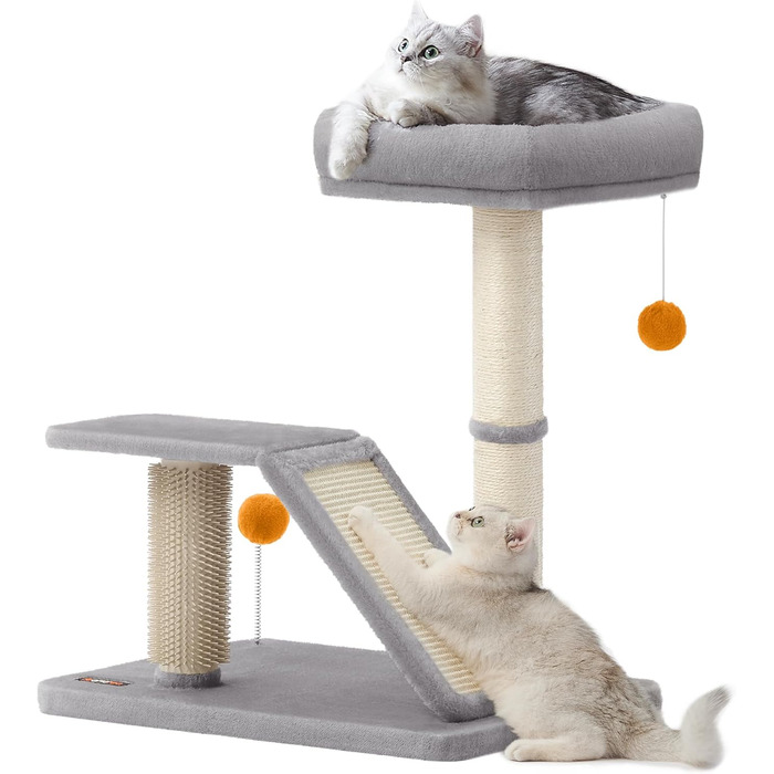 Feandrea Cat Tree with Lounging Area, Multifunctional Cat Tree with Platform, Swivel Ramp, Cat Brush, Plush Balls, Scratching Post, Small Cat Tree, 66.6 cm High, Light Grey PCA024G01