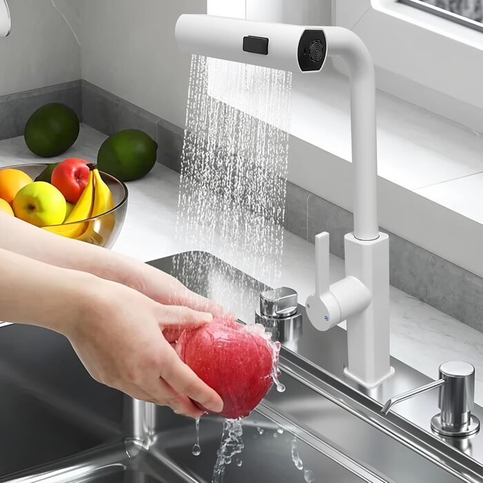 Висувна кухонна змішувач-кран для кухні, сумісність з мийкою, 3 режими струменя (білий)