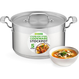 NutriChef Каструля з нержавіючої сталі 18/8, 5 л, для супу та рагу, важка, з кришкою, для індукції, кераміки та галогенових плит, можна мити в посудомийці
