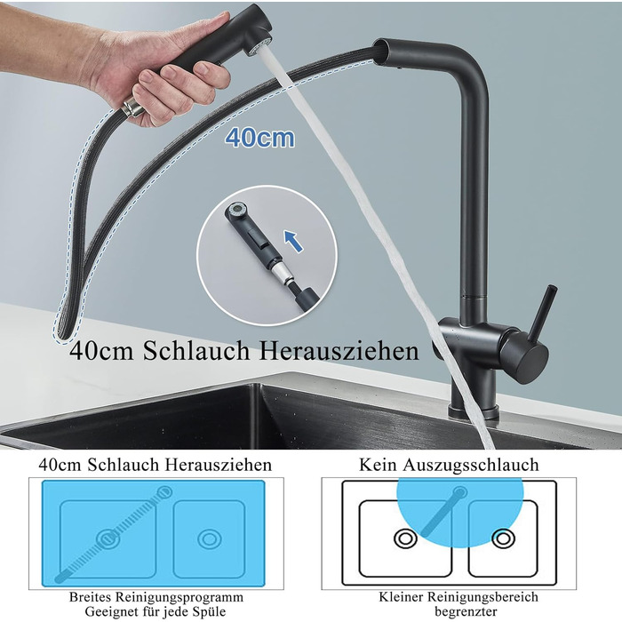 Змішувач для кухні Rozin, чорний матовий, високого тиску, з висувною лійкою 360°, 2 режими, для мийки, з донним клапаном (Orb)