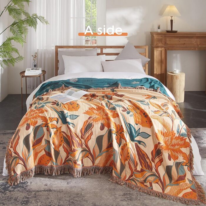 Богемна ковдра Softexly Boho Decke: 100% бавовна, двостороння муслінова ковдра 150x200 см, м'яка пледова ковдра та покривало для ліжка, естетичний дизайн, ідеально для вітальні та спальні, помаранчево-зелена (130 x 150 см, Blütentraum)