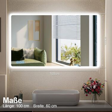 Дзеркало для ванної кімнати з підсвічуванням 100x60 см, сенсорні кнопки, IP65, 3 режими кольору, функція пам'яті, HD скло, горизонтальне/вертикальне встановлення