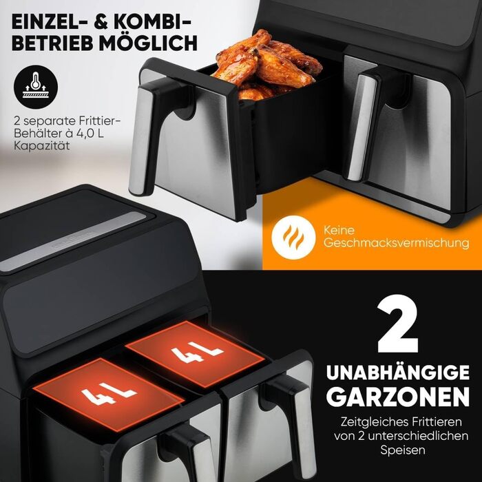 Аерофритюрниця ProfiCook 8 л з двома камерами, без олії, подвійна фритюрниця з кольоровим дисплеєм, 2200 Вт, чорний-інокс, модель 2024