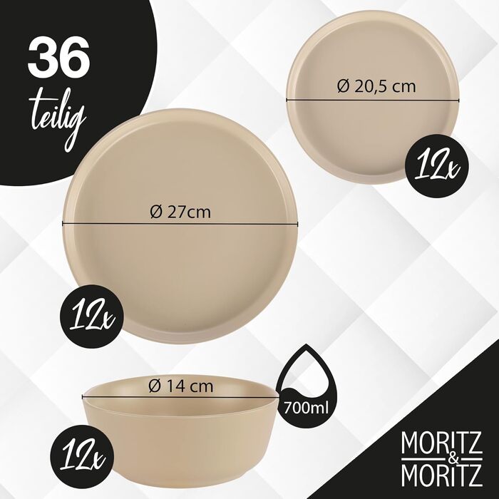 Набір посуду Moritz & Moritz NORDIC на 12 осіб (36 предметів) з кераміки, бежевий - Скандинавський дизайн, міцний посуд для щоденного використання та прийому гостей