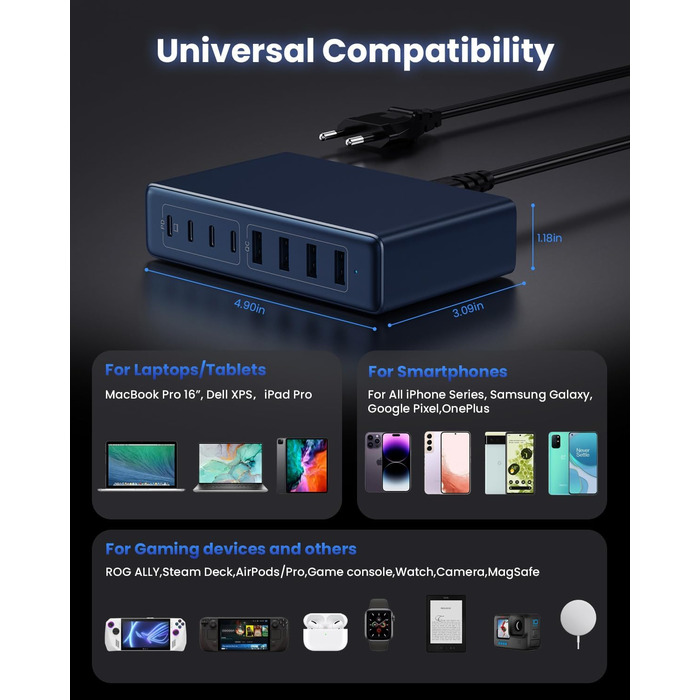 Мережевий зарядний пристрій USB-C 200W GaN III з 8 портами для MacBook Pro/Air, iPad, iPhone, Samsung, Steam Deck, QC4.0, PPS, PD 65W (Синій)