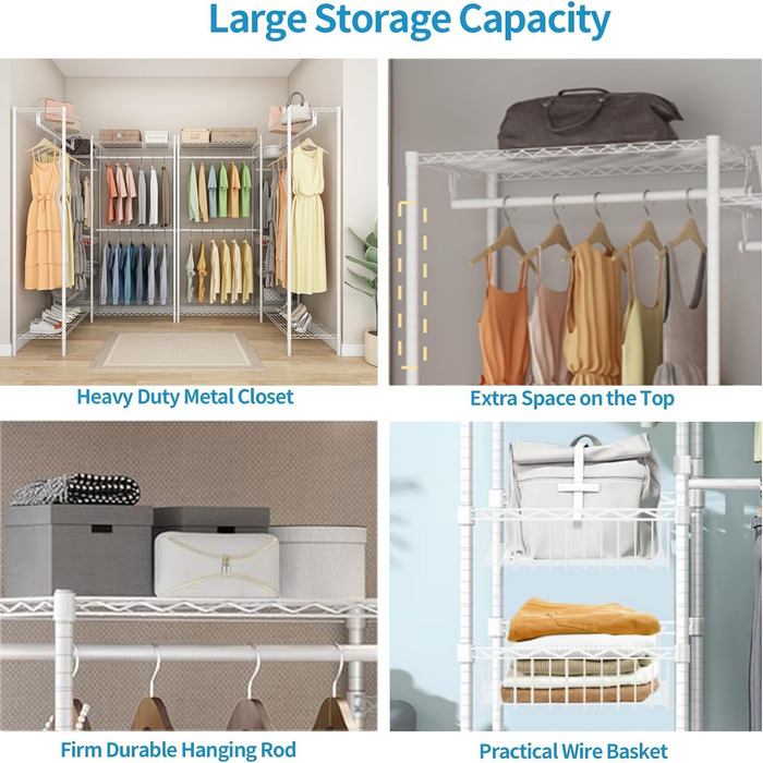 Heavy-Duty Clothes Rack, Clothes Rod, Wardrobe, Freestanding Clothes Rail with Height-Adjustable Shelves and Storage Baskets, Load Capacity up to 320 kg, White