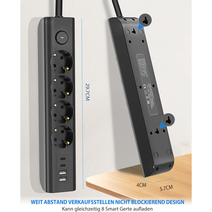 Многофункціональна мережева розетка 8 в 1 з USB, 3680W, з вимикачем, 16A, 2 USB-C, для смартфонів, ноутбуків, iPad, білий/чорний, 1.8м кабель