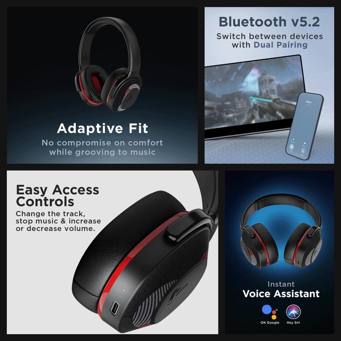 Boat Rockerz 425 Бездротові навушники Bluetooth з мікрофоном, червоні. 25 годин роботи, Bluetooth V5.2, Dual-Pairing, ENx-технологія, швидка зарядка.