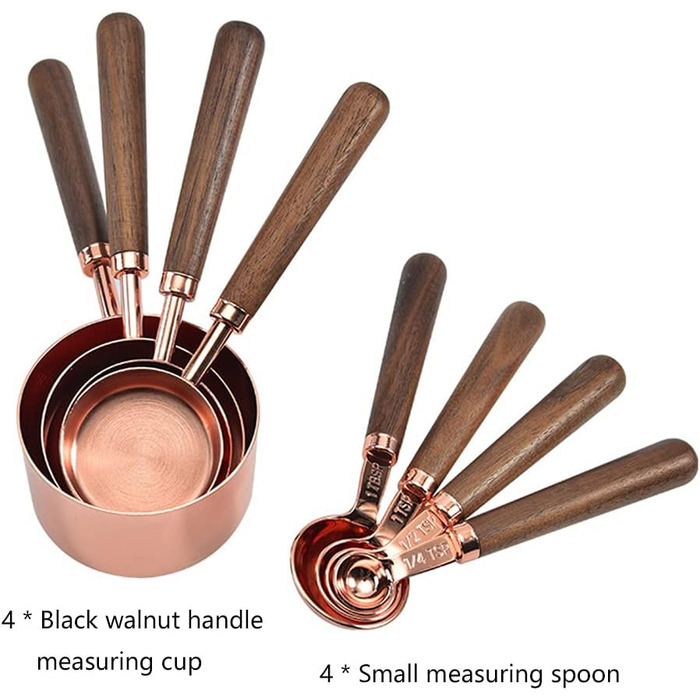 Alnicov Measuring Cups & Measuring Spoons 8-Piece Set, rose gold measuring spoons with walnut handle for the kitchen for measuring various ingredient quantities. For kitchen, cooking, and baking.