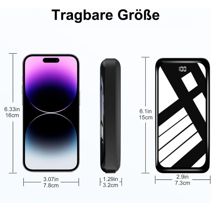 Power Bank 27000mAh з LED-дисплеєм, 22.5W PD20W USB-C, чорний. Сумісний з iPhone 16/15/14/13/12/11 Pro