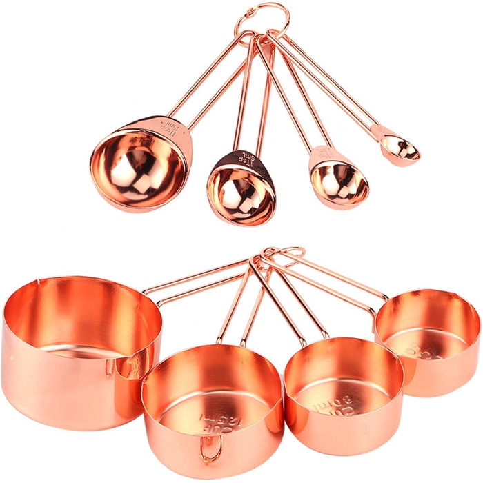 8-Piece Measuring Cup and Spoon Set, Stainless Steel Measuring Spoons with Buckle, Kitchen Baking Accessories for Milk-Tea Shops, Bars, Cafés, Kitchen Utensils (Color: Rose Gold)