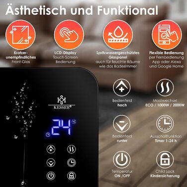 Електрична скляна панельна батарея KESSER® з Wi-Fi, сенсорним екраном та пультом керування | 2000 Вт, білий/чорний | для дому та офісу