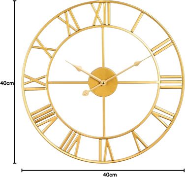 Maxstar Modern Roman Numeral Large Wall Clocks, Non-Ticking Round Metal Silent Vintage Wall Clock for Living Room, Kitchen, Bedroom, Garden Decor - Gold 40cm