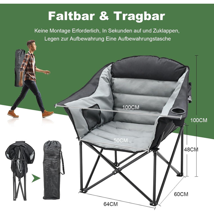 Кемпінговий стілець складний (200 кг) з подушкою 6 см - великий, для риболовлі, кемпінгу, саду та фестивалів - міцний, з бічними кишенями та сумкою для перенесення, чорно-сірий