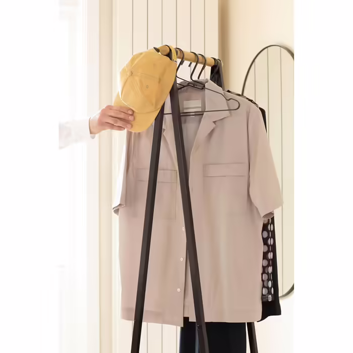 Brabantia - Linn Clothes Rail, Compact - Freestanding Clothes Rack - For Clothes - Hanging, Airing & Drying Clothes - Sturdy Steel Frame & Bamboo Rail - 47.6 cm x 34 cm x 170 cm - Matte Black