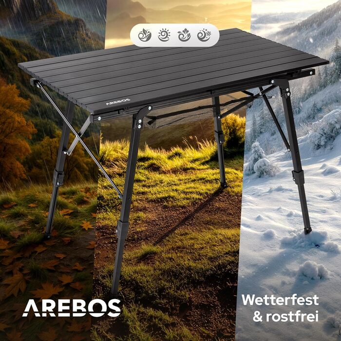 Стіл туристичний складний Arebos 90x51,5 см, регулювання висоти 47-69 см, чорний | для кемпінгу, саду, грилю, пікніка