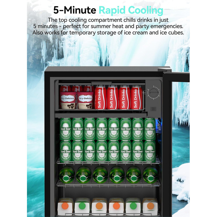 Холодильник для напоїв Devoko 93L з скляними дверцятами та LED-підсвіткою. Регульовані полиці для колі, пива та вина. Чорний колір, ідеально для дому та офісу.