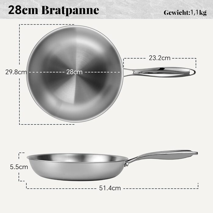 Сковорода Deedro 28 см, індукційна, нержавіюча сталь, без покриття, для всіх типів плит, знімний ручка, можна використовувати в духовці та мити в посудомийній машині