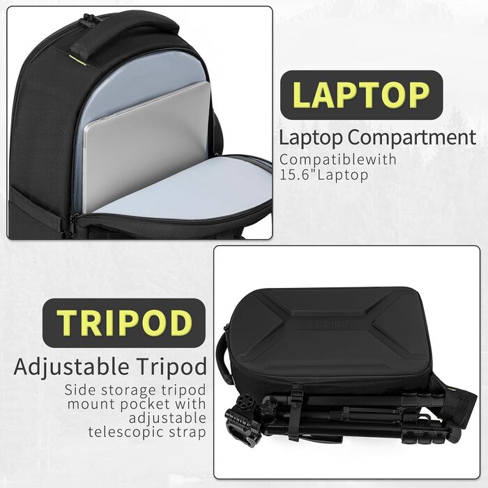 Чохол-рюкзак для камери з відділенням для ноутбука 15.6 дюймів, водонепроникний, ударостійкий, з тримачем для штатива (сумісний з Canon/Nikon/Sony), чорний