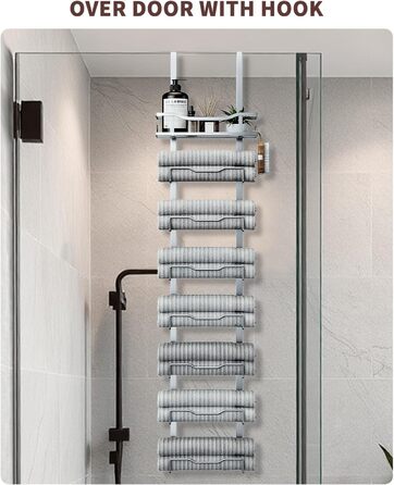 Настінний тримач для рушників у ванну кімнату, без свердління, 6-ярусна наддверна полиця для рушників, багаторівневий тримач для рушників на двері, для компактних ванних кімнат (срібний, 8 ярусів)