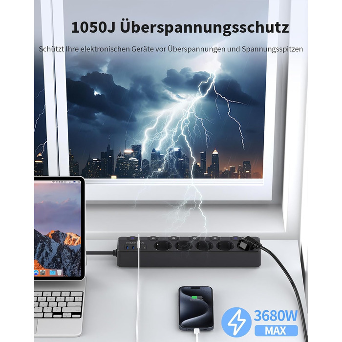 Мережевий фільтр 9-в-1 з індивідуальним вимикачем, 5 розеток, 4 USB-порти (3680W, 16A), захист від перенапруги 1050 Дж, настінний монтаж, 2 м кабель - для дому, офісу та подорожей, чорний