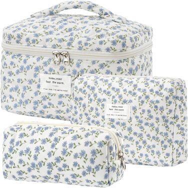 Набір косметичок 3 шт. з квітковим візерунком, дорожні та повсякденні | Косметичка для макіяжу для жінок та дівчат (Блакитний Павич)