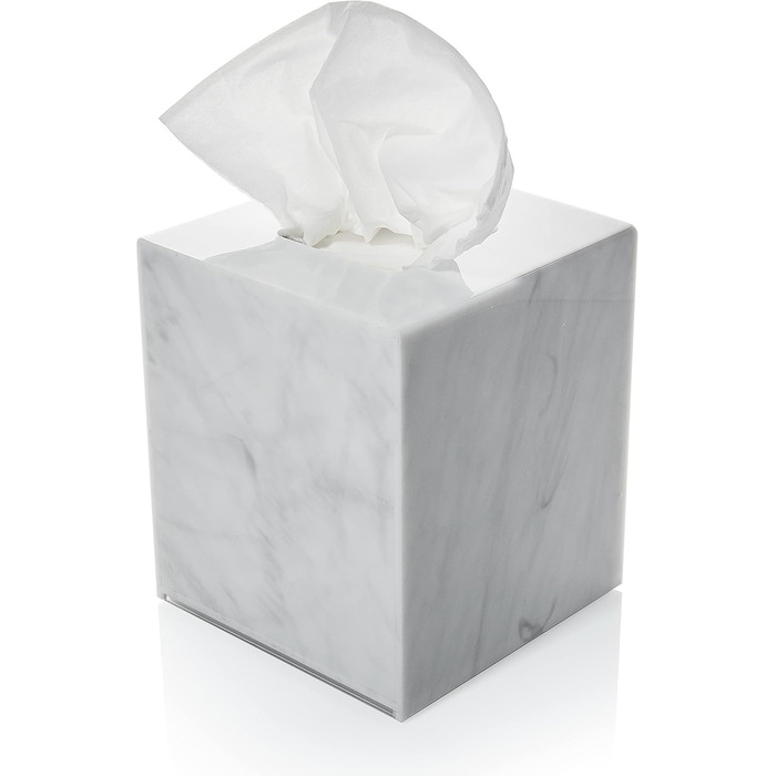 Acrylic tissue holder, transparent tissue box for cosmetic tissues, napkins, and lint-free cloths. Perfect for bathrooms, desks, workspaces, and vanity tables (Square, Marble)