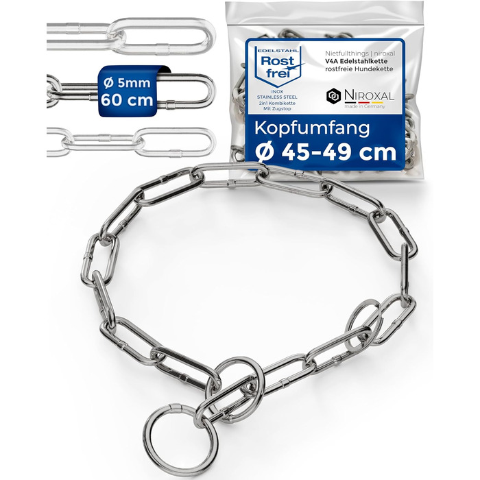 Нашийник для собак з обхватом шиї 49-53 см, нержавіюча сталь V4A, ланцюговий нашийник з запобіжником, довгі ланки 5 мм, загальна довжина 64 см