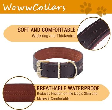 Шкіряний нашийник для собак з відбиваючим ефектом, регульований, м'який, з підкладкою, для маленьких, середніх та великих собак (Колір: Коричневий, Розмір L (46-56 см))