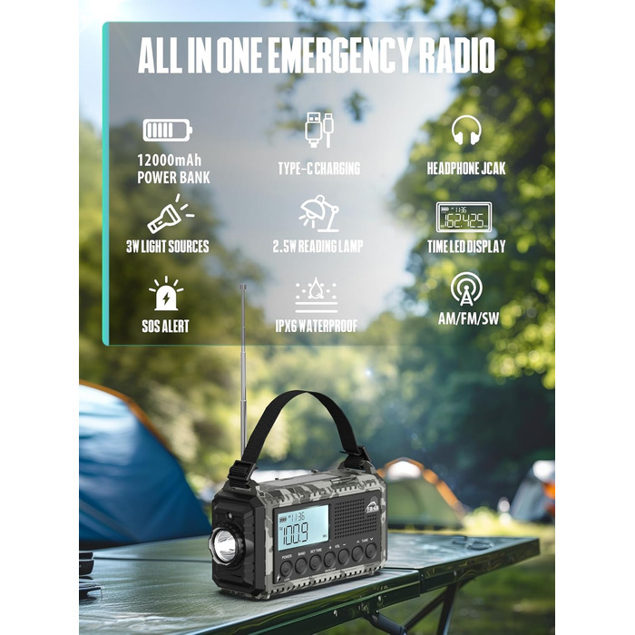 Радіо на механічній ручці з сонячною панеллю та Powerbank 12000mAh | AM/FM/SW радіо для надзвичайних ситуацій, зарядка USB-C, SOS-сигнал, ліхтарик та лампа для читання | Водонепроникне, портативне для кемпінгу, туризму (Сірий камуфляж)