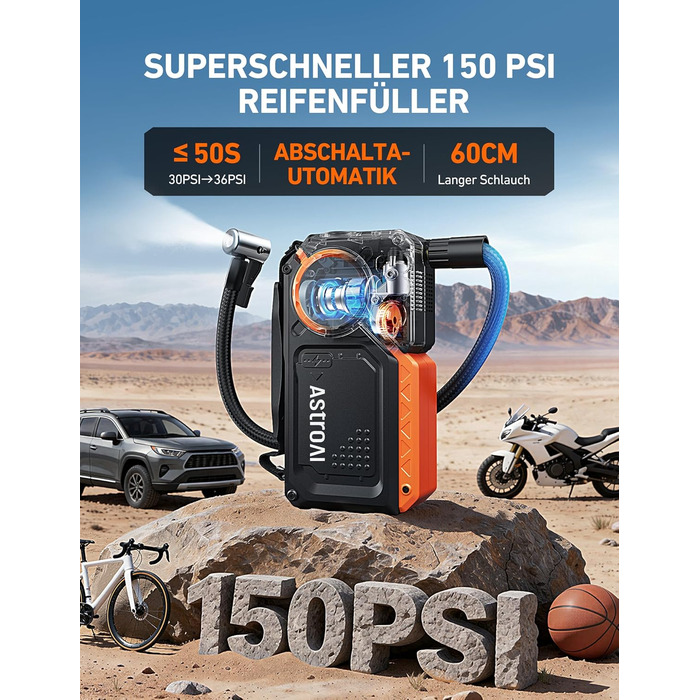 Powerbank для авто AstroAI з пусковим струмом 8000А та компресором 150PSI оранжевого кольору