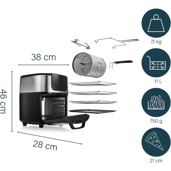 Princess Aerofryer Oven Deluxe - 11 Liter Capacity; 1800W; 65-200°C; 10 Programs; incl. Rotating Basket, Rotisserie Spit, 3 Baking Sheets, Crumb Tray, Handle, 182075, Black/Silver REGULAR 11L
