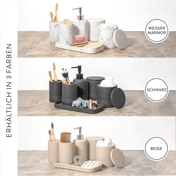 Набір для ванної кімнати ZCCZ 6 предметів: органайзер для зубних щіток, мильниці, косметики, ватних паличок в мармуровому стилі, чорний – сучасний декор для ванної