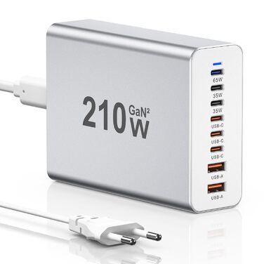 Зарядний пристрій USB-C 210W, багатопортовий (6x USB-C + 2x USB-A) PD 3.0 для iPhone, MacBook, Samsung Galaxy, планшетів - сріблястий