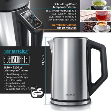 Набір Arendo: чайник, тостер та яйцеварка, нержавіюча сталь, сірий, 1.5л, 40-100°C, 4 тости, LED-дисплей, 6 рівнів підсмажування, на 1-6 яєць