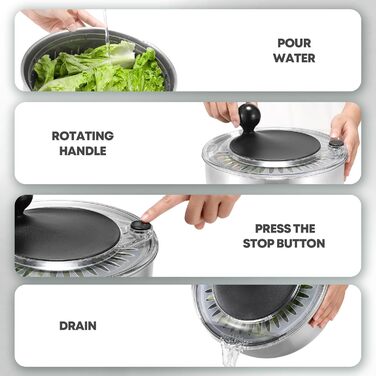 Салатниця-центрифуга 5л з нержавіючої сталі, з кнопкою стоп, без BPA, прозора кришка, отвір для зливу, антиковзаюча основа, чорна