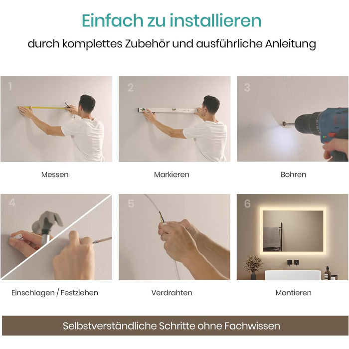 Дзеркало для ванної кімнати EMKE® з підсвічуванням 80x60 см, тепле біле світло 3000K, вимикач, вертикальна/горизонтальна установка, IP44, енергозберігаюче