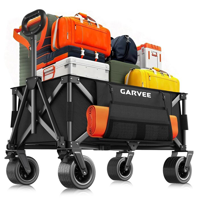 Візок-теліжка складний GarveeLife XXL 200L, 200 кг, гальма, колеса 20 см для пляжу, кемпінгу, саду, чорний