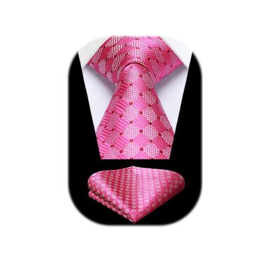 HISDERN Комплект краватки та нагрудного хустинки в клітинку для чоловіків (Фуксія Рожевий)